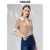 VIMAGE纬漫纪夏季新款时尚气质棋盘格通勤翻领短款短袖针织衫VB2301104 商品缩略图1