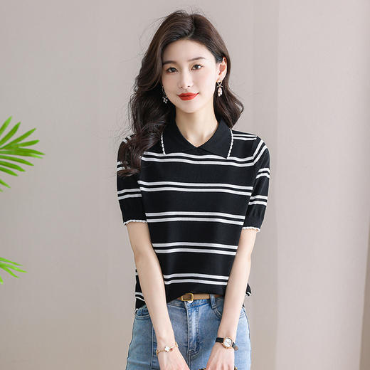 polo领短袖t恤女条纹针织上衣，夏季新款翻领薄款天丝小衫CC-SY8337 商品图2