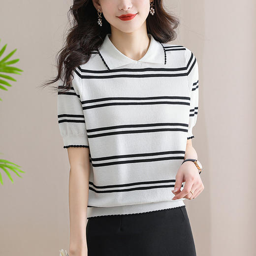 polo领短袖t恤女条纹针织上衣，夏季新款翻领薄款天丝小衫CC-SY8337 商品图6