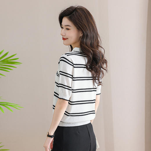 polo领短袖t恤女条纹针织上衣，夏季新款翻领薄款天丝小衫CC-SY8337 商品图3