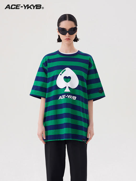 YKYB 23SS黑桃蓝绿条纹印花T恤复古休闲廓形宽松短袖上衣情侣款 商品图0