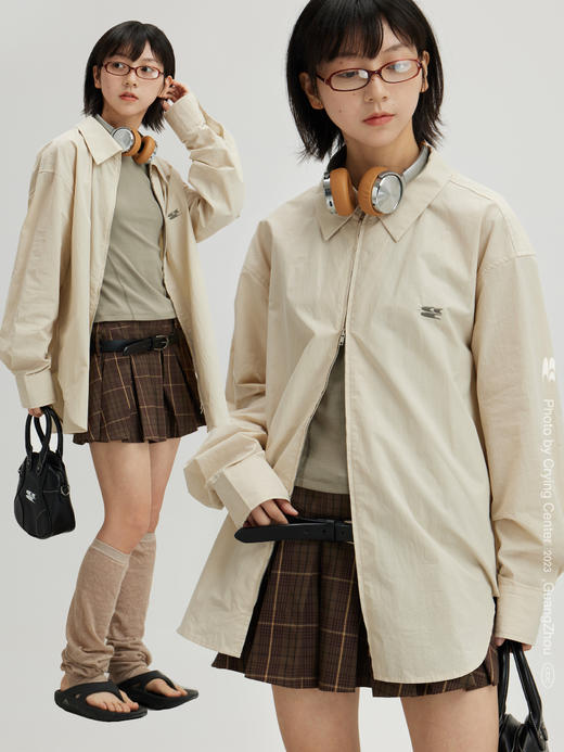 CryingCenter 奶杏淡绿简约拉链款长袖防晒宽松衬衫 哭喊中心 商品图0