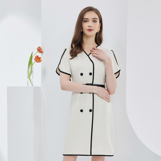 NF8V4斯尔丽瑟俪2023春夏新款时尚撞色滚边花苞挡肉袖显瘦连衣裙 商品图0