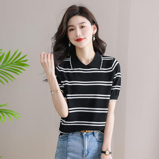 polo领短袖t恤女条纹针织上衣，夏季新款翻领薄款天丝小衫CC-SY8337 商品图0