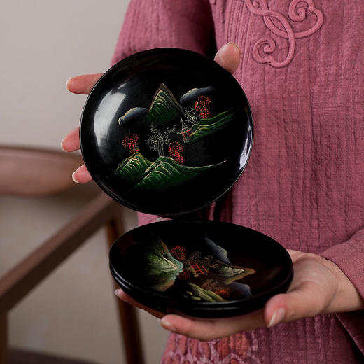 泰山大漆/青绿山水杯托 【图案随机发】 怀旧复古大漆杯托手绘青山绿水杯垫壶承底托 商品图4