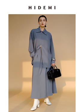 HIDEMI 极简斜纹双头拉链海军领缎面感套装 上衣/半身裙