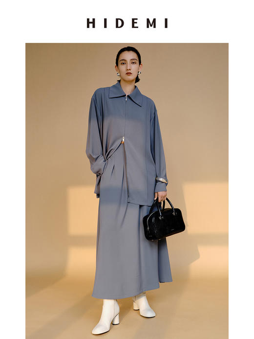 HIDEMI 极简斜纹双头拉链海军领缎面感套装 上衣/半身裙 商品图0