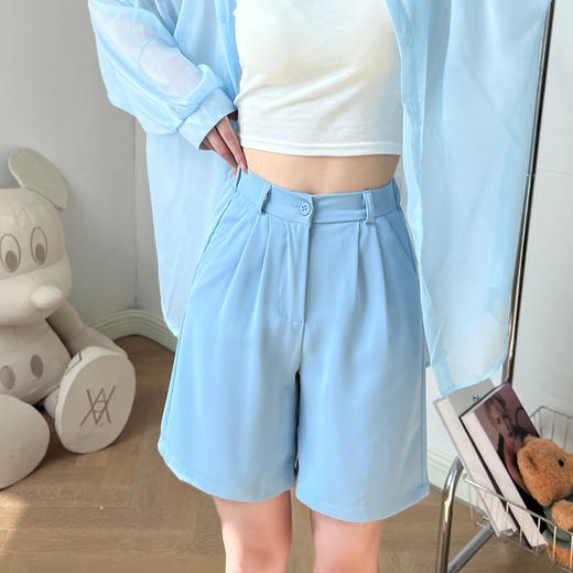 【五分裤口袋款马卡龙西装短裤】女夏季薄款运动休闲裤松紧高腰直筒裤 商品图10