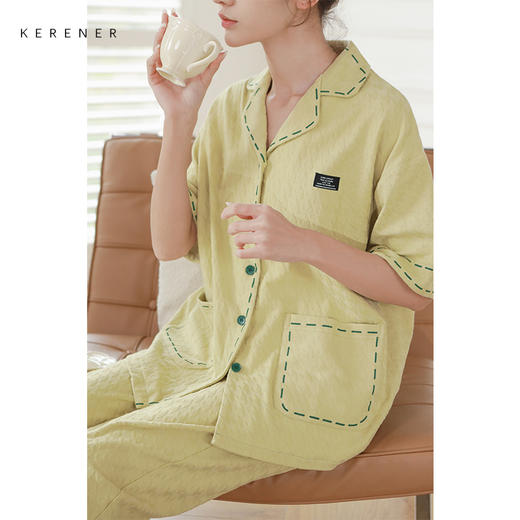 可人儿夏季纯棉提花睡衣女短袖长裤开衫大码夏天月子服家居服三件套装 商品图2