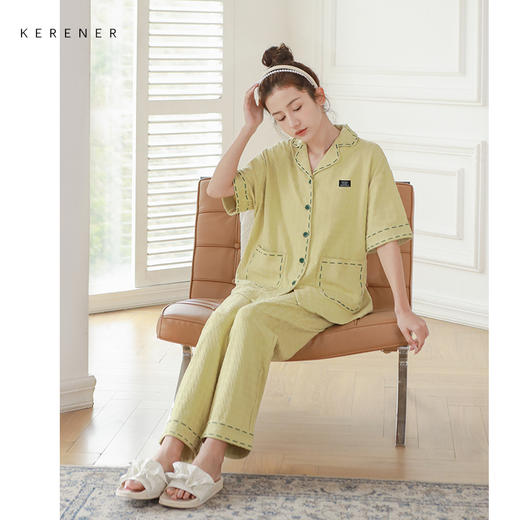 可人儿夏季纯棉提花睡衣女短袖长裤开衫大码夏天月子服家居服三件套装 商品图1