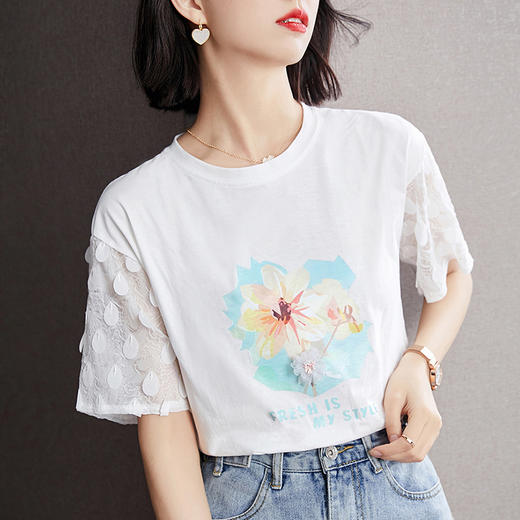 夏季新款，棉质风蕾丝拼接小衫短袖T恤S92327027 商品图1