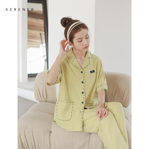 可人儿夏季纯棉提花睡衣女短袖长裤开衫大码夏天月子服家居服三件套装 商品图3