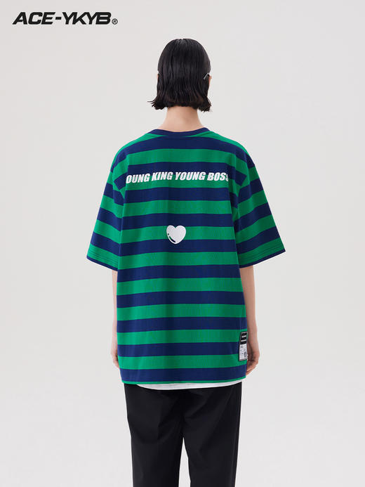 YKYB 23SS黑桃蓝绿条纹印花T恤复古休闲廓形宽松短袖上衣情侣款 商品图3
