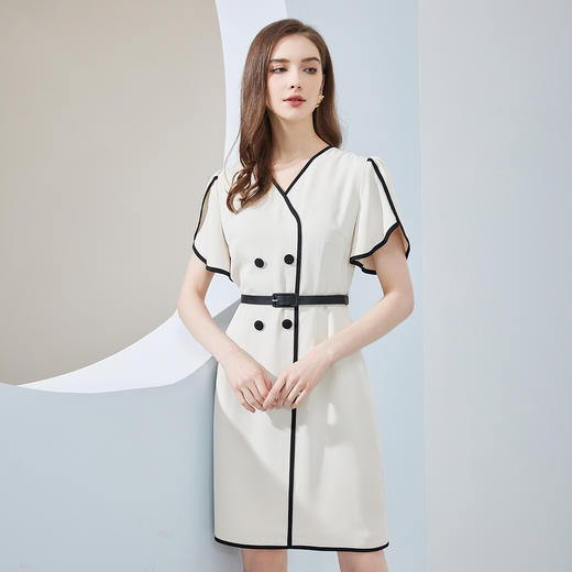 NF8V4斯尔丽瑟俪2023春夏新款时尚撞色滚边花苞挡肉袖显瘦连衣裙 商品图2