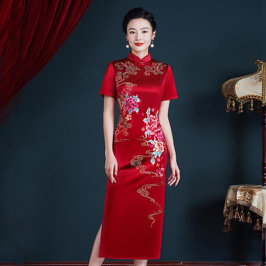 WX-8666中长款修身婚宴旗袍婚礼中袖夏季旗袍裙新款醋酸女款 商品图0