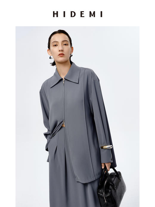 HIDEMI 极简斜纹双头拉链海军领缎面感套装 上衣/半身裙 商品图10