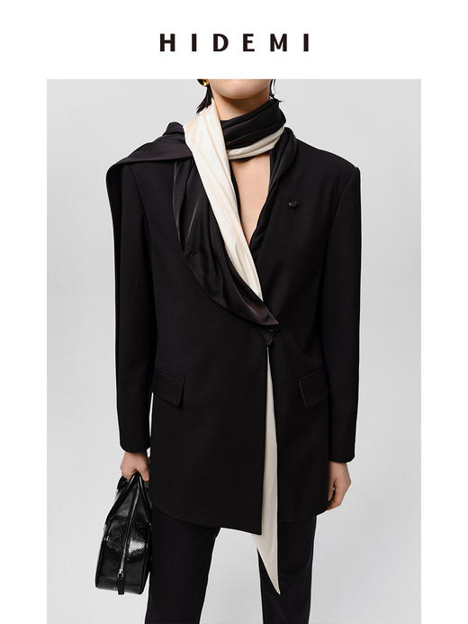 HIDEMI 极简双层双面缎面丝巾 黑色/白色 商品图4