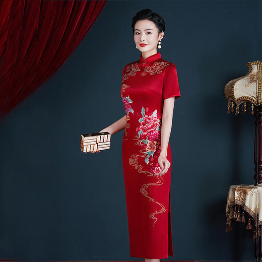 WX-8666中长款修身婚宴旗袍婚礼中袖夏季旗袍裙新款醋酸女款 商品图3