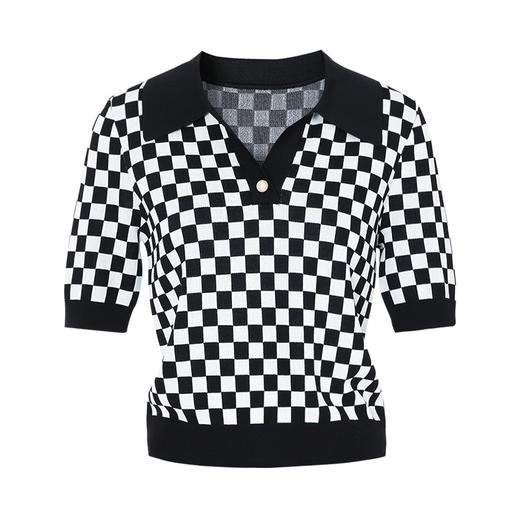 EITIE爱特爱夏季新款时尚气质棋盘格通勤翻领短款短袖针织衫B2301114 商品图6