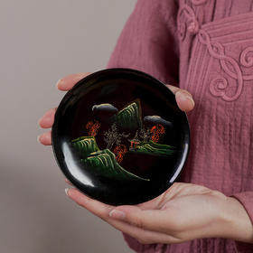 泰山大漆/青绿山水杯托 【图案随机发】 怀旧复古大漆杯托手绘青山绿水杯垫壶承底托