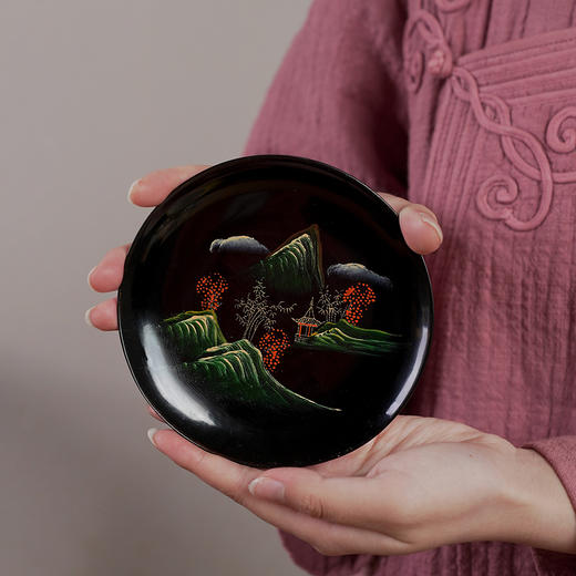 泰山大漆/青绿山水杯托 【图案随机发】 怀旧复古大漆杯托手绘青山绿水杯垫壶承底托 商品图0