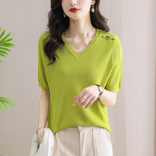 V领冰丝针织短袖t恤，夏装新款薄款鸡心领上衣洋气半袖小衫CC-SY8333 商品图5