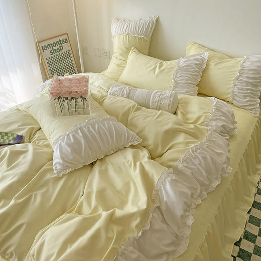 【床上用品】法式花边褶皱被套四件套公主风纯色床裙床上三件套 商品图3