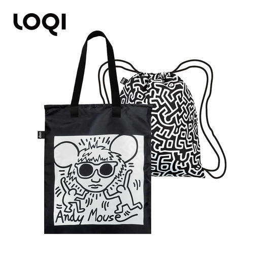 德国LOQI x 凯斯哈林 时尚环保束口双肩包/双面  BP.KH.AM凯斯哈林安迪鼠&迷宫 里外两用抽绳单肩手提文艺运动旅行轻便   商品图3