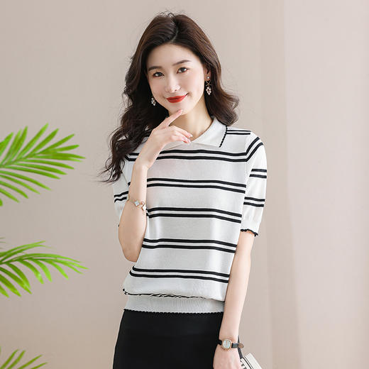 polo领短袖t恤女条纹针织上衣，夏季新款翻领薄款天丝小衫CC-SY8337 商品图1
