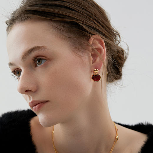 盐岛	笛卡尔大小胖心红玛瑙耳环金色 商品图5