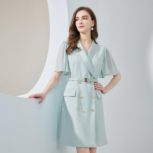 NF874斯尔丽瑟俪2023夏季新款双排扣收腰显瘦气质修身雪纺飘逸袖连衣裙 商品图0