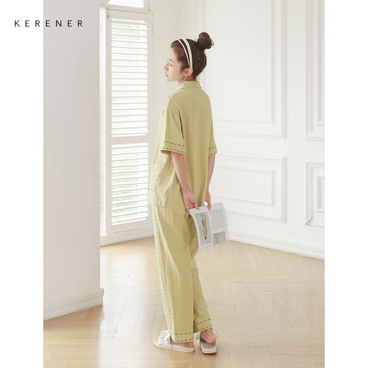 可人儿夏季纯棉提花睡衣女短袖长裤开衫大码夏天月子服家居服三件套装 商品图4