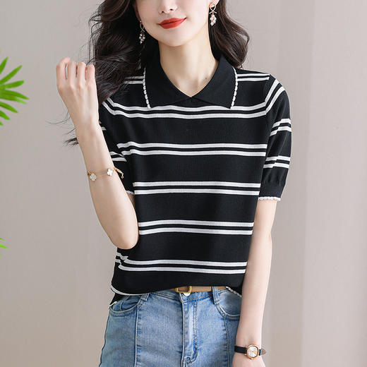 polo领短袖t恤女条纹针织上衣，夏季新款翻领薄款天丝小衫CC-SY8337 商品图5