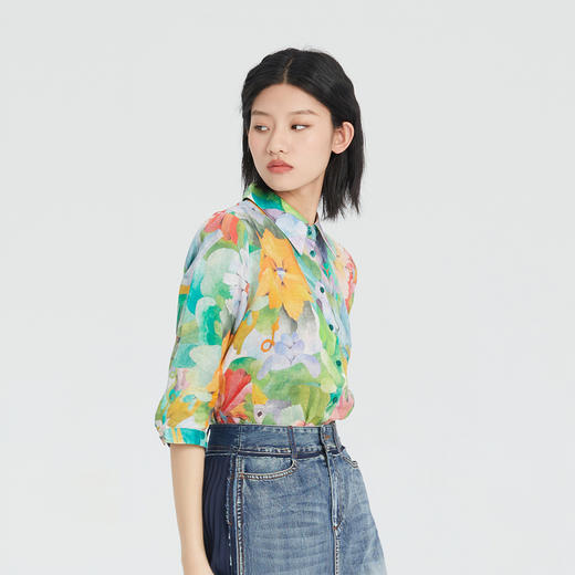 谜底花衬衫女分袖2023夏季款纯棉透气花朵印花上衣衬衣236MC7091 商品图1