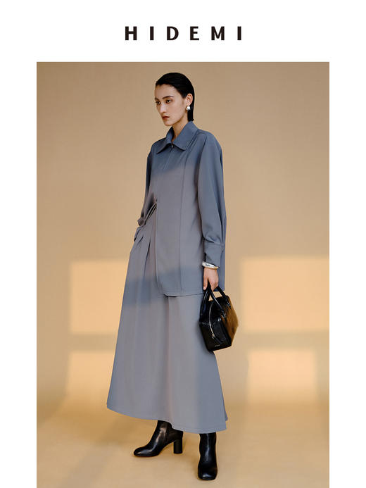 HIDEMI 极简斜纹双头拉链海军领缎面感套装 上衣/半身裙 商品图3