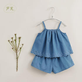 【马克珍妮 芦芙】新款夏装 女童绣花纯棉牛仔吊带套装230618