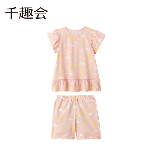 【家居服】千趣会童装夏款女童清新印花荷叶边袖轻薄汗布全棉居家服套装1229055 商品图3