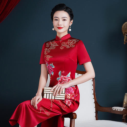 WX-8666中长款修身婚宴旗袍婚礼中袖夏季旗袍裙新款醋酸女款 商品图2