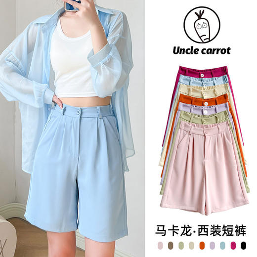 【五分裤口袋款马卡龙西装短裤】女夏季薄款运动休闲裤松紧高腰直筒裤 商品图0