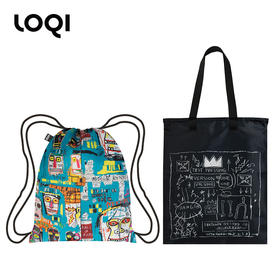 德国LOQI x 巴斯奎特 时尚环保双肩束口包/双面  BP.JB.CR皇冠&头骨 里外两用抽绳 单肩手提文艺运动旅行轻便