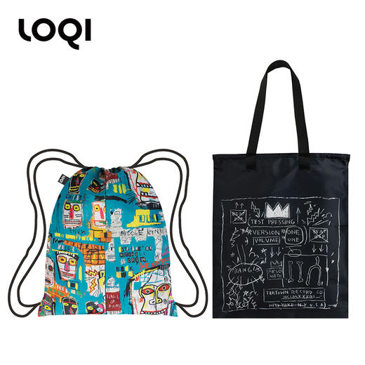德国LOQI x 巴斯奎特 时尚环保双肩束口包/双面  BP.JB.CR皇冠&头骨 里外两用抽绳 单肩手提文艺运动旅行轻便 商品图0