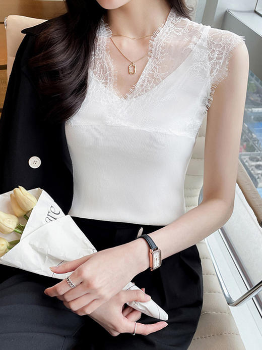 MZSMZ3669法式蕾丝拼接v领小吊带背心女别致内搭夏装2023新款外穿无袖上衣 商品图3
