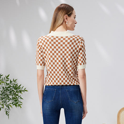 EITIE爱特爱夏季新款时尚气质棋盘格通勤翻领短款短袖针织衫B2301114 商品图10