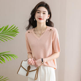 V领冰丝针织短袖t恤，夏装新款薄款鸡心领上衣洋气半袖小衫CC-SY8333