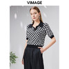 VIMAGE纬漫纪夏季新款时尚气质棋盘格通勤翻领短款短袖针织衫VB2301104 商品缩略图0