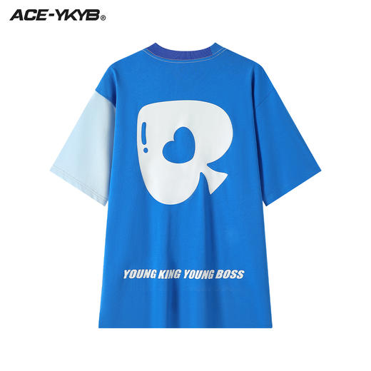 YKYB 23SS黑桃爱心蓝色拼接短袖T恤复古配色宽松廓形圆领上衣潮 商品图1