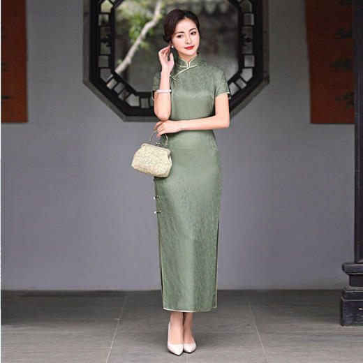 桑蚕丝正娟复古旗袍真襟桑蚕丝提花长旗袍TZRY 商品图1