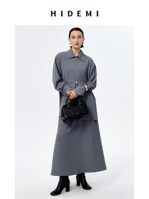 HIDEMI 极简斜纹双头拉链海军领缎面感套装 上衣/半身裙 商品图8