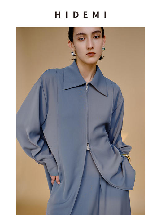 HIDEMI 极简斜纹双头拉链海军领缎面感套装 上衣/半身裙 商品图7