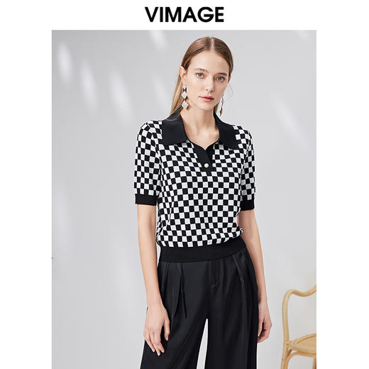 VIMAGE纬漫纪夏季新款时尚气质棋盘格通勤翻领短款短袖针织衫VB2301104 商品图2